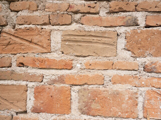 The texture of a very old vintage brick wall with residual elements of plaster decoration.
Vintage textured background of red brick wall