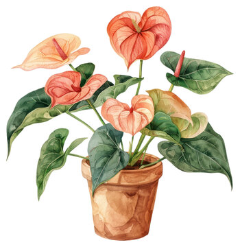 watercolor anthurium plant in terracotta pot clip art preview