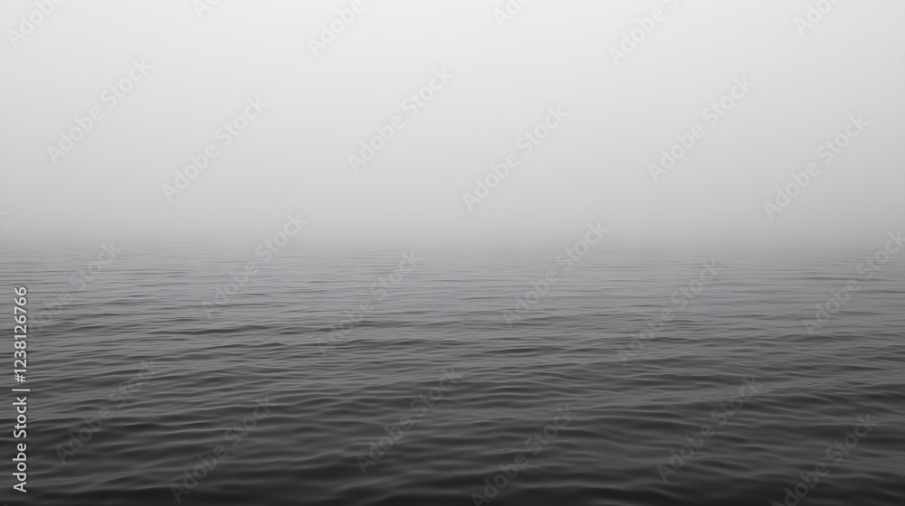 Poster A serene, monochromatic view of a foggy sea, blending seamlessly with the misty horizon, creating a tranquil and mysterious atmosphere