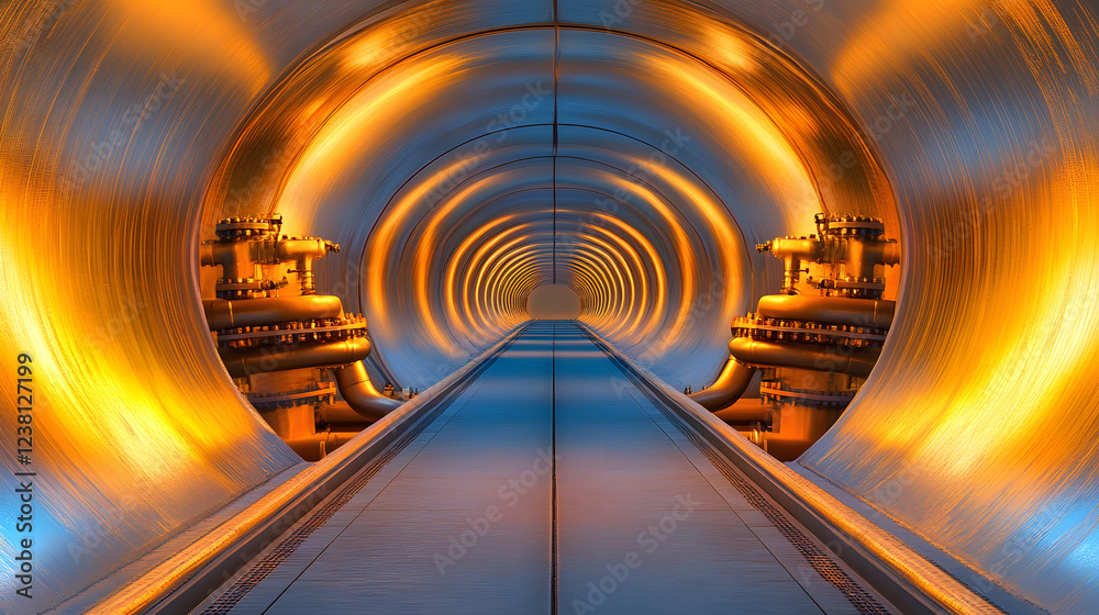 Poster a futuristic tunnel featuring glowing orange lights and smooth surfaces, showcasing advanced enginee