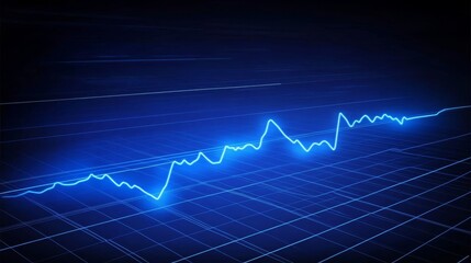 Bright Blue Glowing Line Graph Showing Growth, Peaks And Valleys on Dark Grid Background