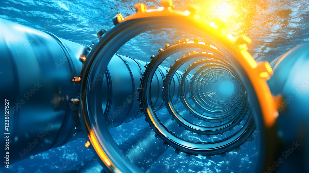 Poster A series of metallic rings submerged underwater, illuminated by a bright light, creating a mesmerizing tunnel effect through the water