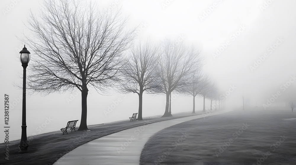 Poster A serene, foggy pathway lined with bare trees and benches, creating a tranquil atmosphere