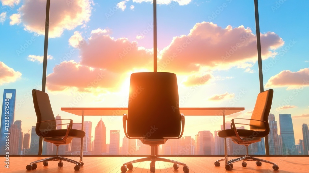 Poster modern conference room with sunset view and skyline reflection showcasing cityscape in an urban sett
