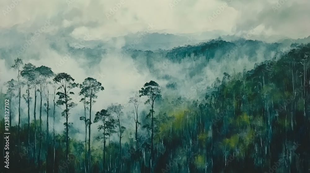 Poster a serene landscape featuring misty hills and tall trees, creating a tranquil atmosphere with soft gr