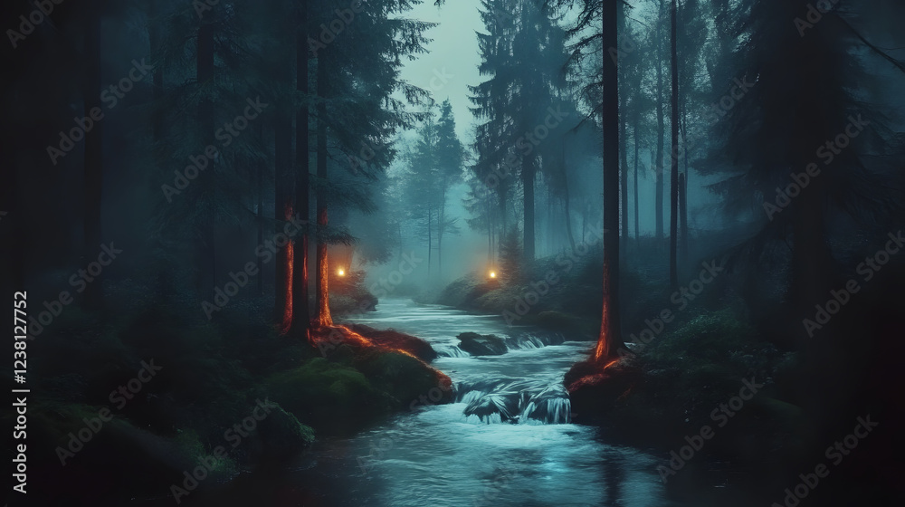 Poster a tranquil, misty forest scene with a flowing stream illuminated by glowing lanterns, evoking a sere