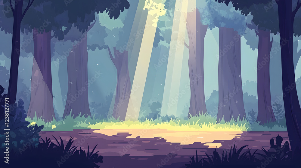 Poster a serene forest scene illuminated by soft beams of light filtering through the trees, highlighting a