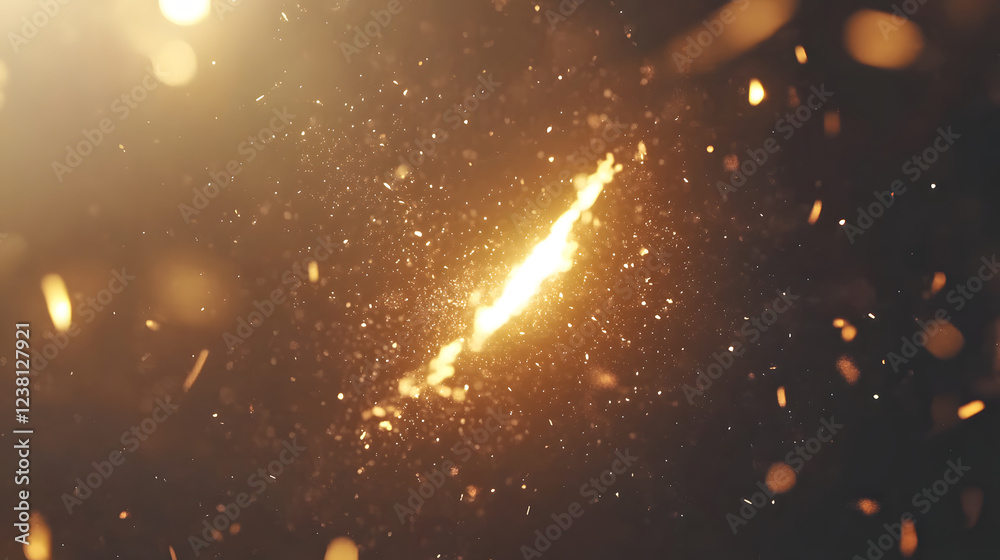 Poster A glowing, golden streak of light surrounded by scattered particles, creating a mesmerizing effect against a dark background
