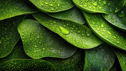 Obraz premium Close-Up of Fresh Green Leaves with Water Droplets Showcasing Natural Texture and Vibrant Colors