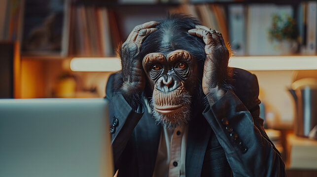 monkey dressed in a suit, sitting at an office desk, gripping its head with both hands in frustration