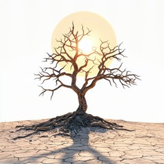 Fototapeta premium withered tree standing in a barren desert landscape under a blazing sun, placed on a clean white background