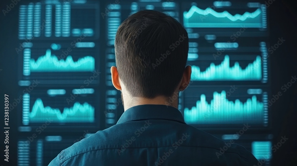 Poster business analyst observing data trends on digital screen in modern office environment