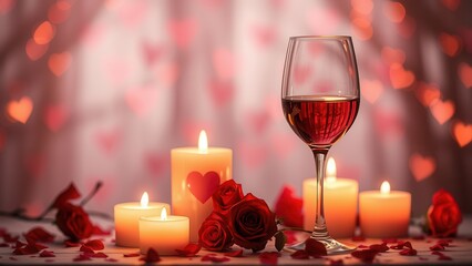 Romantic background with wine, candles and rose petals.