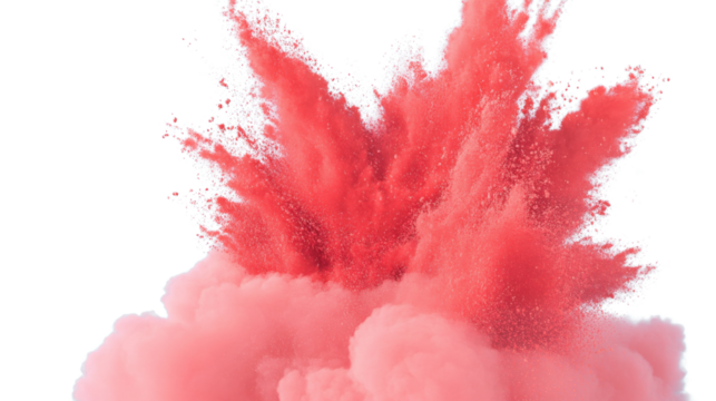 Red powder exploding creating a colorful cloud on transparent background