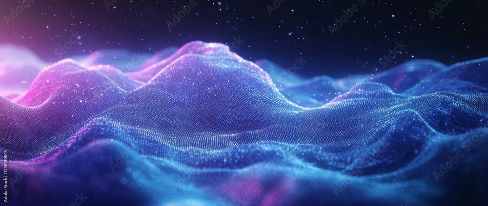 Wall mural abstract background with a wavy blue and purple gradient, a digital wave pattern of dots and lines.
