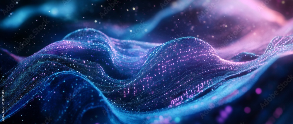 Wall mural abstract background with a wavy blue and purple gradient, a digital wave pattern of dots and lines.