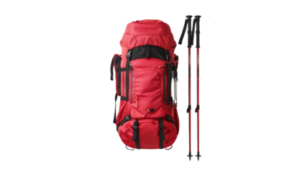Red backpack and trekking poles isolated on transparent background