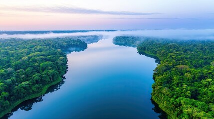 Obraz premium Aerial landscapes nature concept. A serene river winding through lush green forests at dawn, reflecting tranquil skies.