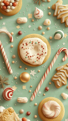 A green background with a variety of Christmas treats including a donut