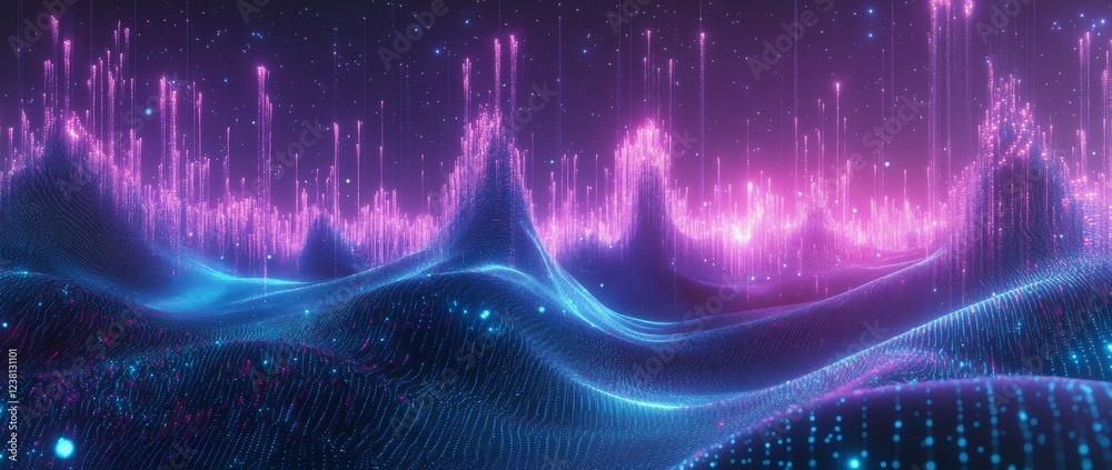 Wall mural abstract background with a wavy blue and purple gradient, a digital wave pattern of dots and lines.