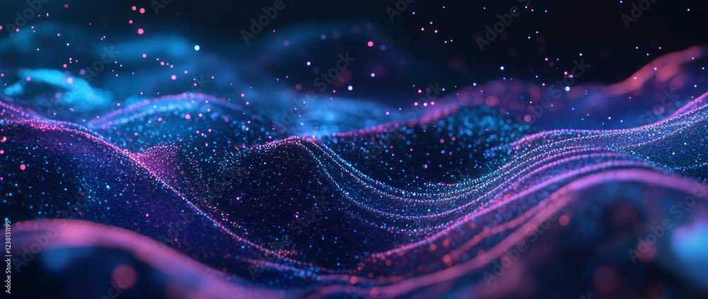 Wall mural abstract background with a wavy blue and purple gradient, a digital wave pattern of dots and lines.