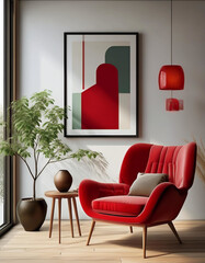 modern living room with red sofa, design, wall, armchair, living, lamp, floor, lounge