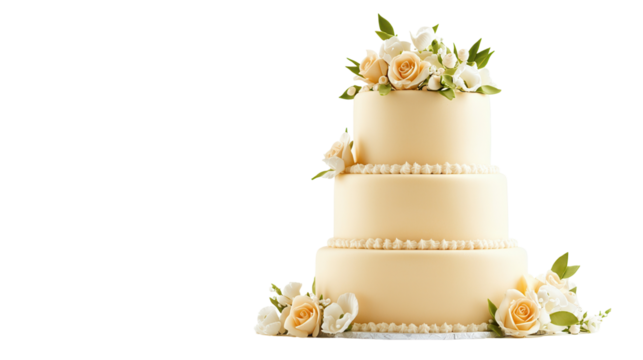 Elegant three-tiered wedding cake with floral decor studio setup transparent background romantic theme