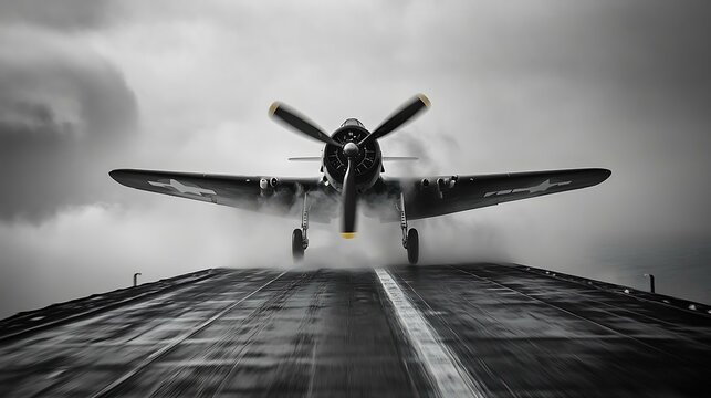 Vista trasera de un F4U Corsair despegando desde una pista de portaaviones, dejando una estela de humo mientras la h&Atilde;&copy;lice genera un potente empuje