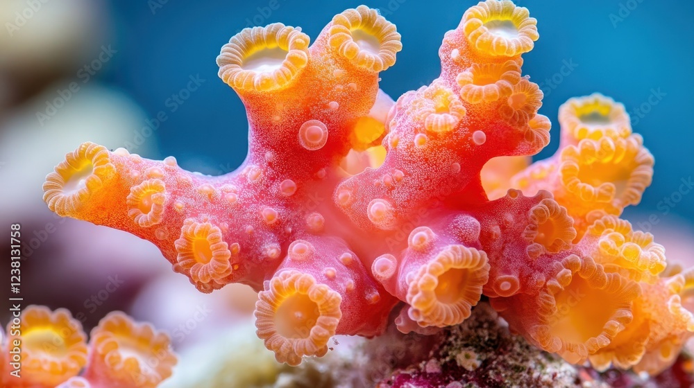 Poster vibrant coral structure in underwater scene with colorful polyps and exotic blue background