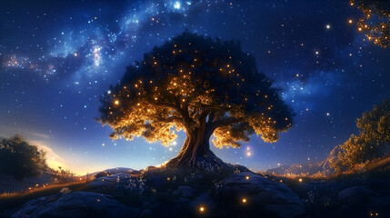 Ancient Wisdom A Majestic Tree Under a Starlit Universe