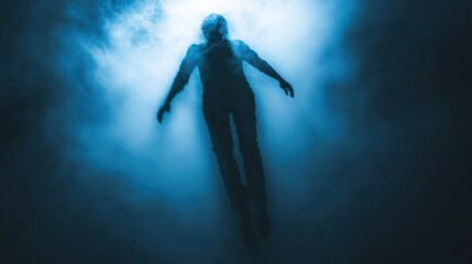 Fototapeta premium Mysterious Figure Floating in Ethereal Blue Fog – Dramatic Atmosphere