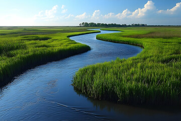 Serene River Winding Through Lush Green Marshland Under a Summer Sky