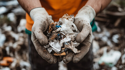 Volunteer holding waste shows concern about environment and wants to make earth cleaner