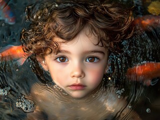 Curious Child Gazing Above Water in a Serene Koi Pond