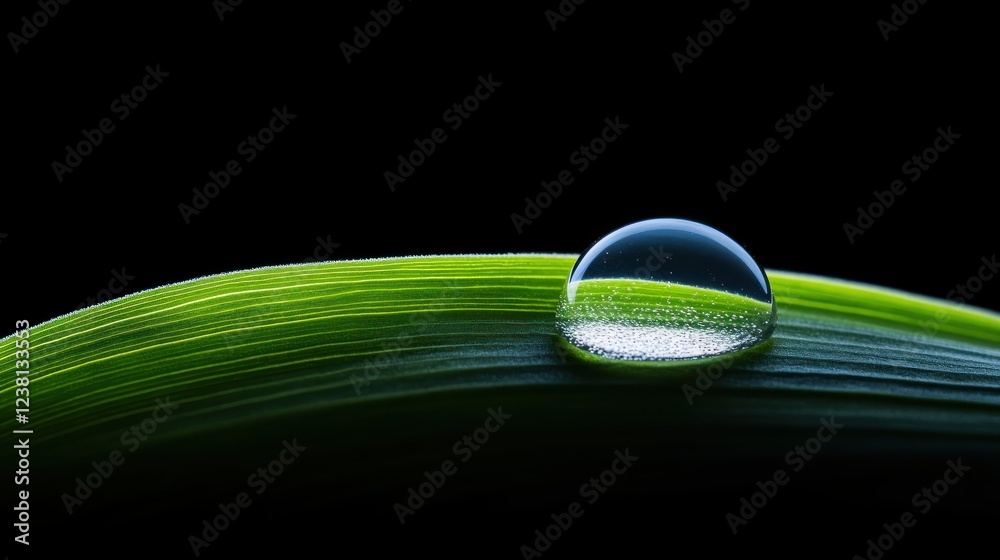 Poster Close-up of dew drop resting on a green leaf showcasing detailed textures and vibrant colors against a dark background