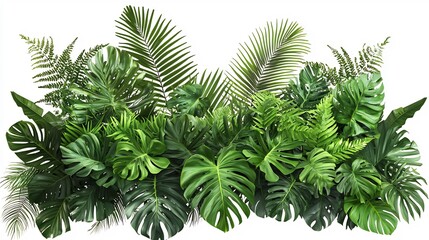 Fototapeta premium Lush Tropical Foliage: A vibrant collection of exotic green leaves, ferns and plants against a clean white background, perfect for design projects and nature enthusiasts.