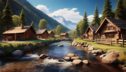 Obraz premium Snow-Covered Village with Frozen River