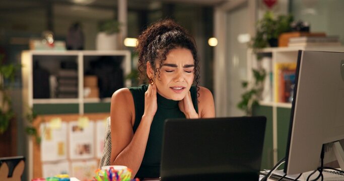 Business woman, laptop and neck pain in night office for poor posture, injury and overtime pressure. Late, stress and muscle strain from deadline anxiety for interior designer on staging technology