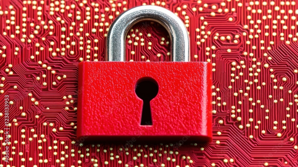 Poster Red padlock on circuit board background symbolizing cybersecurity and data protection in a digital world
