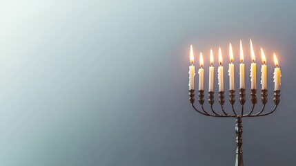 Fototapeta premium Lit Menorah with White Candles on Gray Background