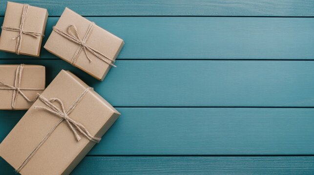 Brown gift boxes tied with string on teal wooden background for festive occasions and celebrations in creative compositions