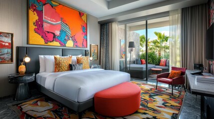 Stylish Modern Bedroom with Vibrant Artwork and Cozy Atmosphere