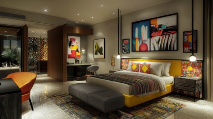 Modern Vibrant Bedroom Design with Colorful Accents and Art
