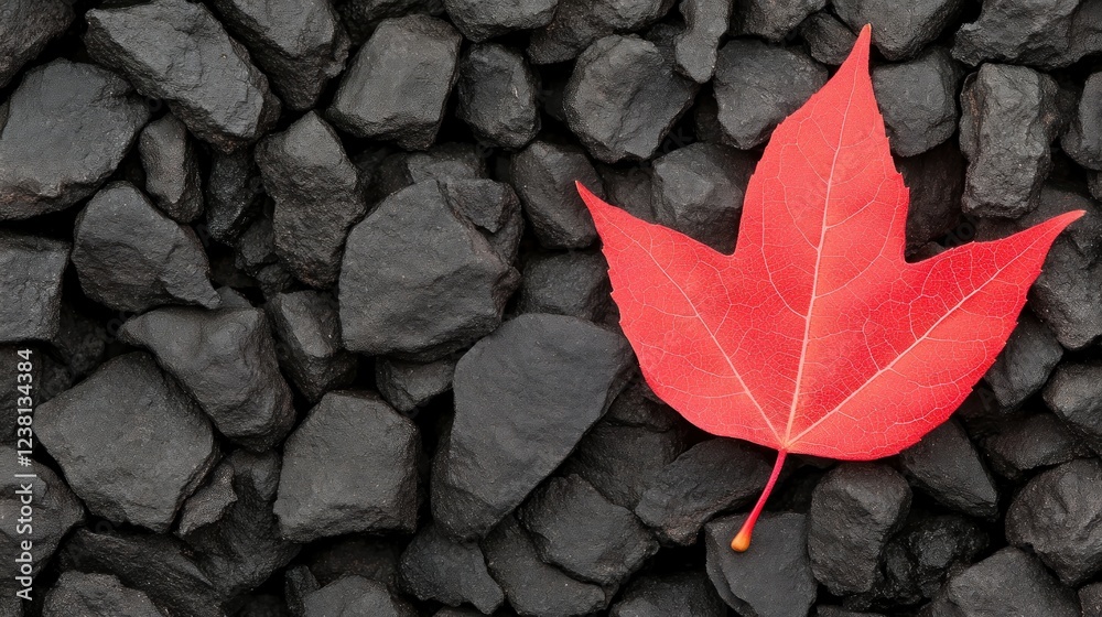 Poster vibrant red maple leaf on dark charcoal stones creating striking contrast in nature background