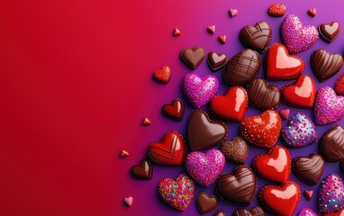 n assortment of colorful heart-shaped candies and chocolates, artistically arranged on a vibrant red-to-deep purple gradient background. Valentines Day and 8 March theme