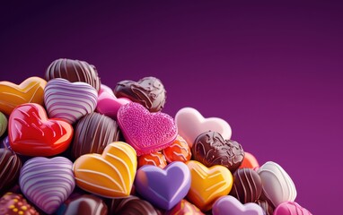Obraz premium n assortment of colorful heart-shaped candies and chocolates, artistically arranged on a raspberry-to-deep-violet gradient background. Valentines Day and 8 March theme