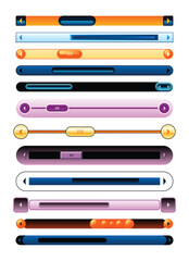 Scroll bars slider set. UI horizontal sliders set. Multicolor modern UI elements. Buttons with adjustable knobs for controlling audio or video. Vector illustration of intuitive design elements