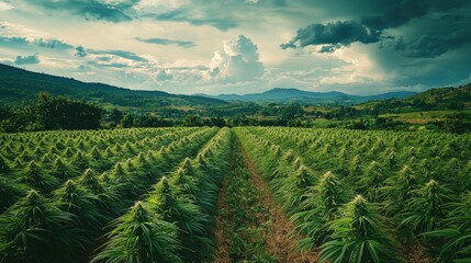 Naklejka premium Lush Green Cannabis Field Under Dramatic Sky in Rural Landscape