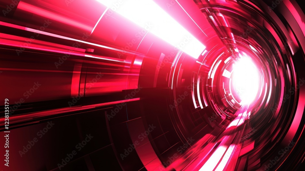 Poster Abstract vibrant red tunnel with dynamic light beams creating a sense of speed and motion in a futuristic environment