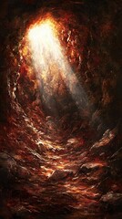 Light at the End of the Cave: A Digital Painting of a Rocky, Volcanic Cave with a Glowing Opening